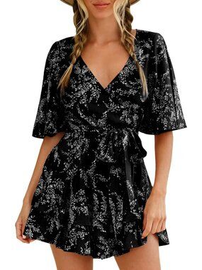 Women's Black Summer Sexy Short Flared Sleeve V Neck Floral Print Jumpsuit